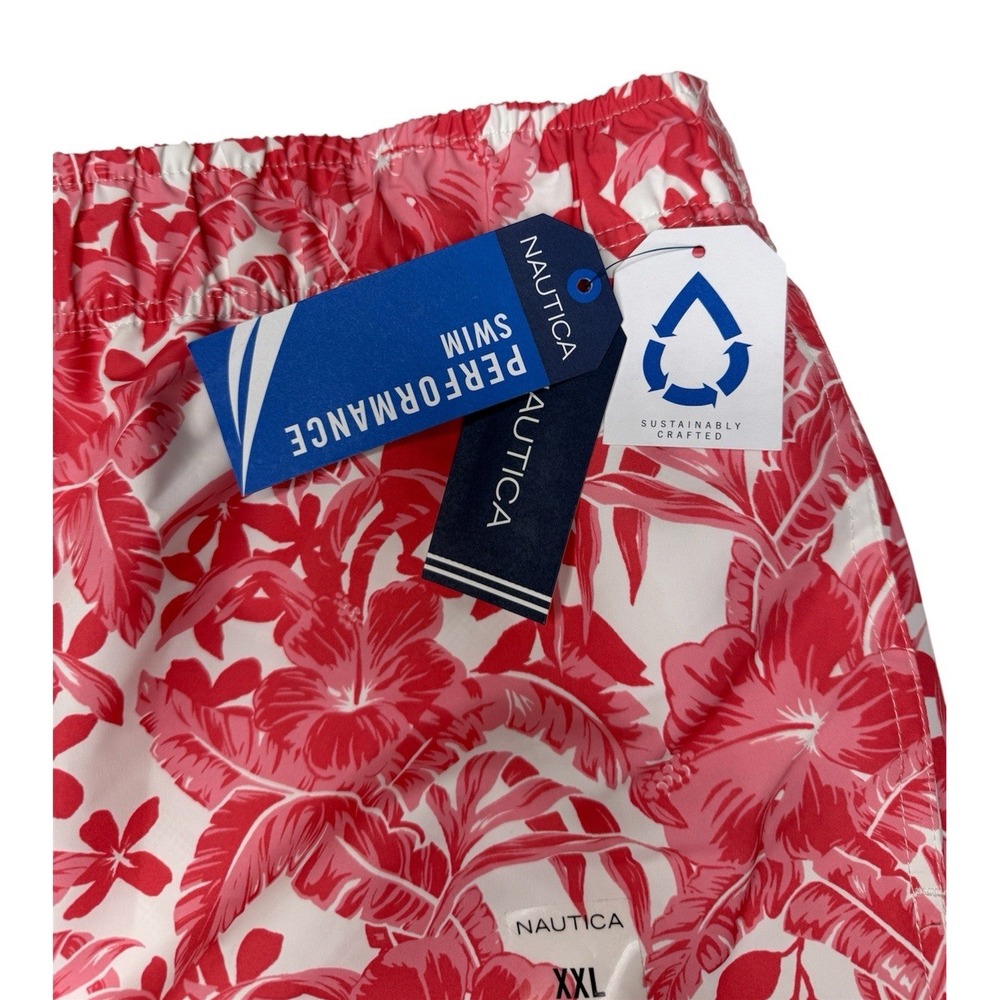 NWT Nautica Men's XXL Red White Floral Mesh Lined‎ Swim Trunks Hawaiian